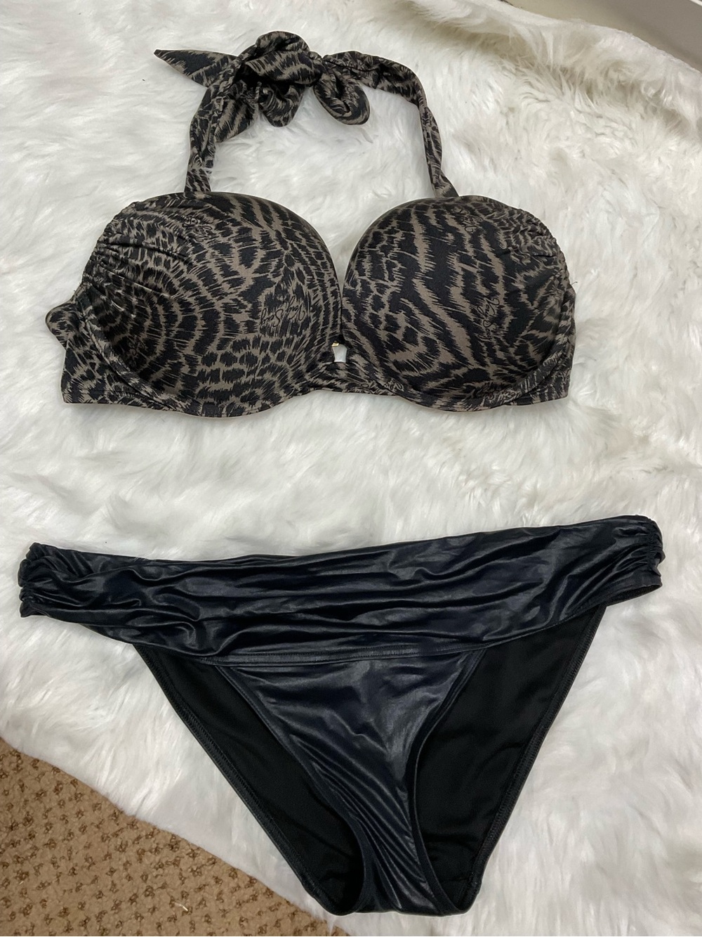 Bombshell Victorias Secret Black & Taupe Animal Print Halter Bikini Set